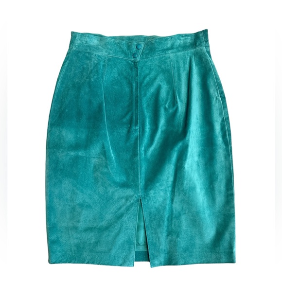 Vintage DANIER Teal genuine leather Suede midi skirt size 16 - Picture 2 of 7